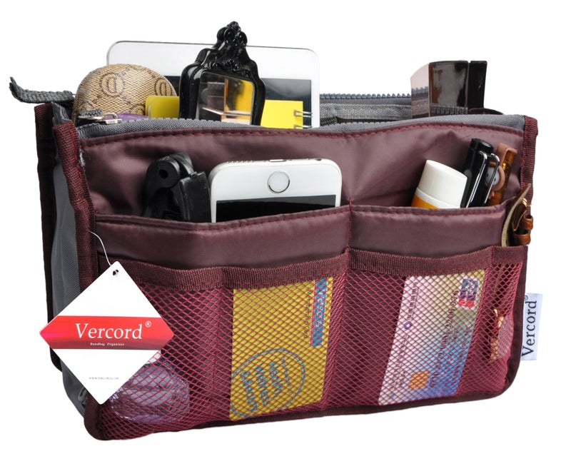 Vercord Purse Organizer Insert for Handbags Bag Organizers Inside Tote Pocketbook Women Nurse Nylon 13 Pockets Burgundy Medium - Image 1